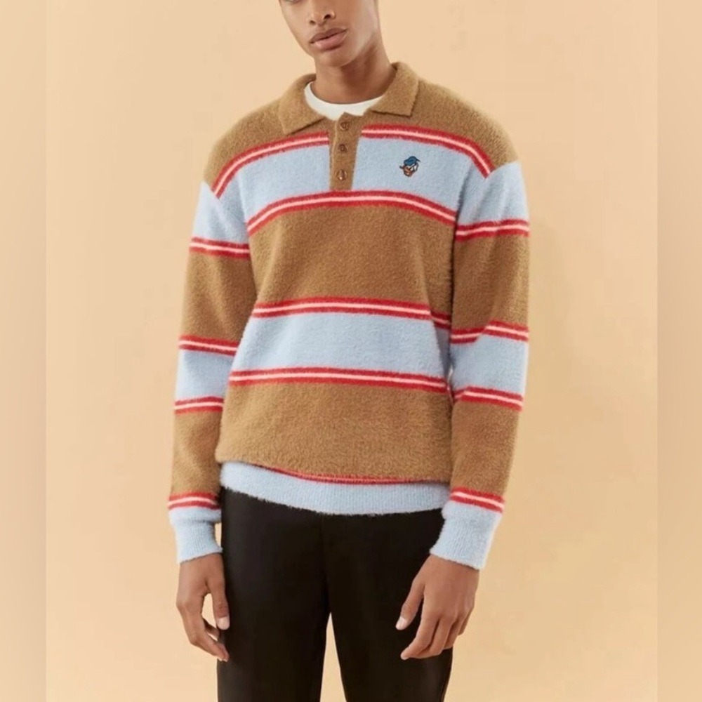 Disney x Forever 21 Men's XXL‎ Donald Duck Polo Shirt Fuzzy Knit Striped Sweater